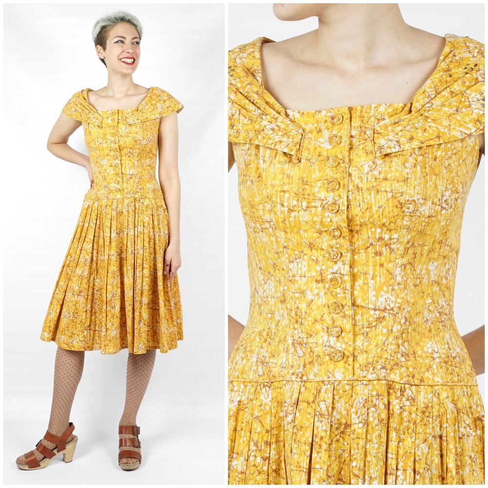 Vintage 1950s Yellow Abstract Drop Waist Day Dress w Full Skirt Rhinestones | S